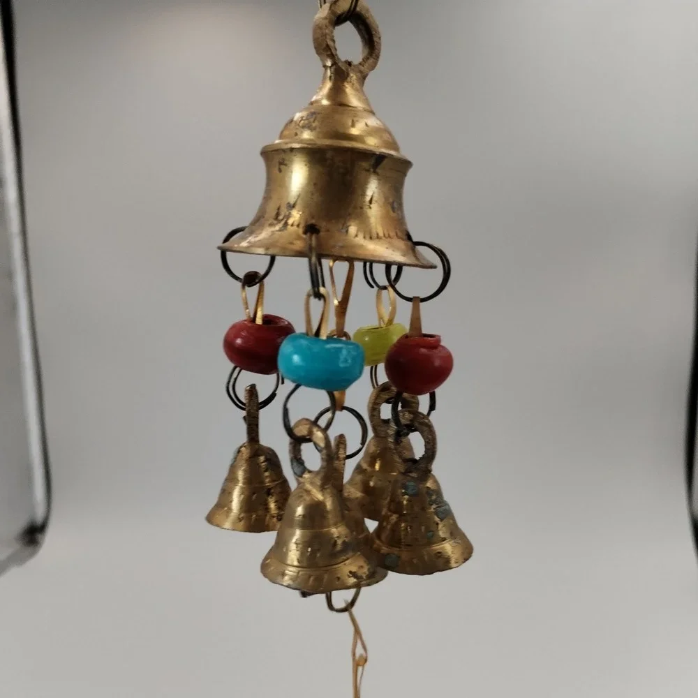 Vintage Brass Cluster Wind Chime Mini Temple Bells Boho Hanging Decor with Beads